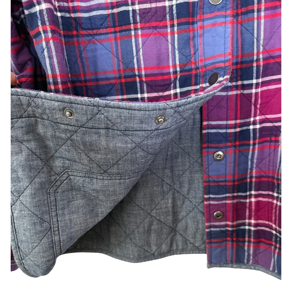 Lands End Womens Reversible Quilted Barn Jacket Chore Coat Blue Chambray Plaid M